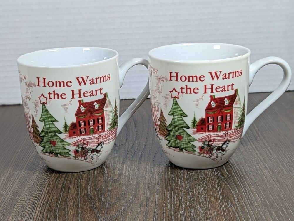SET OF 2 Fitz & Floyd Home Warms the Heart Coffee Tea Mug Christmas Winter Snow